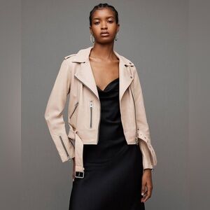 AllSaints Balfern Belted Hem Leather Biker Jacket - Very Light Pink